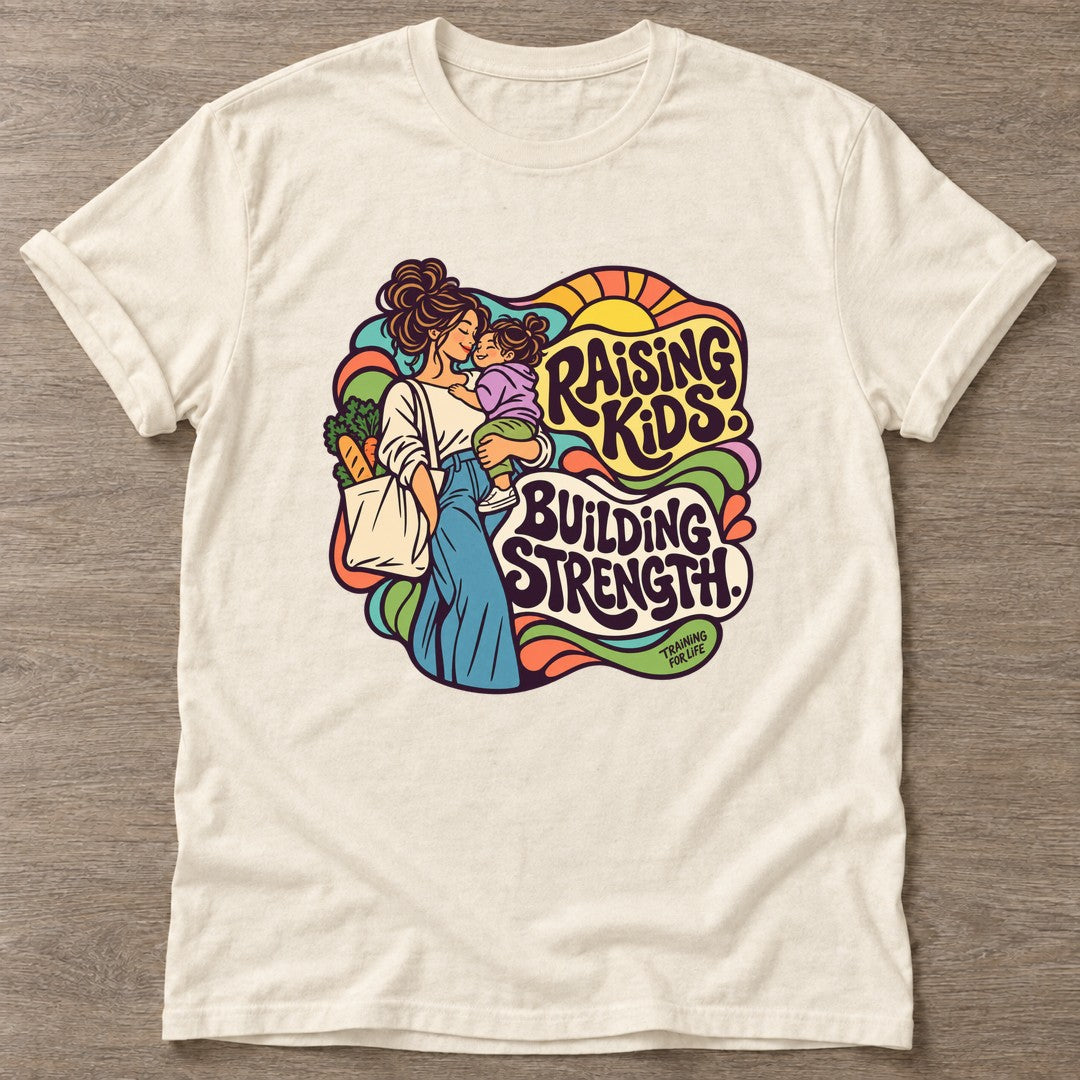 Natural Strength Through Motherhood T-shirt — motivational slogan design, for women who train