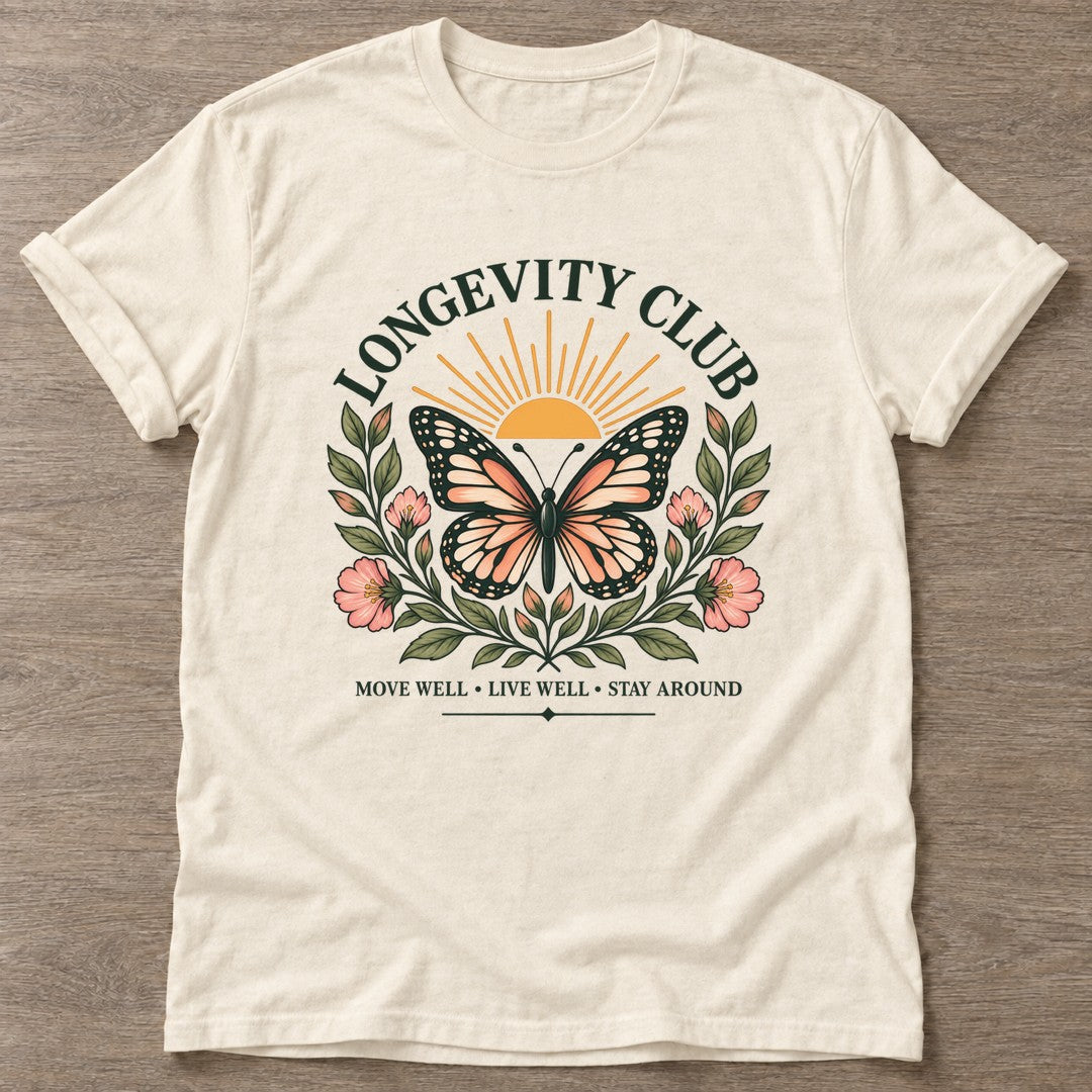 Natural Butterfly Longevity T-shirt — longevity training design, for women over 40