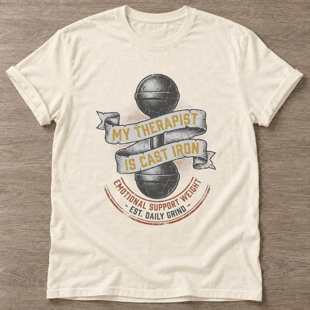 Natural Cast Iron Therapy T-shirt — weightlifting design, for women who lift