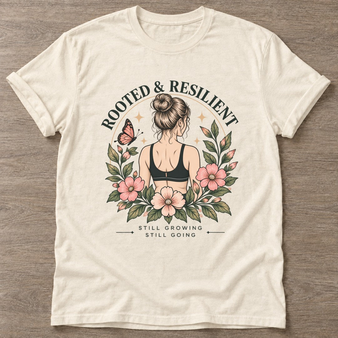 Natural Bloom Unshaken T-shirt — floral strength design, for women who train