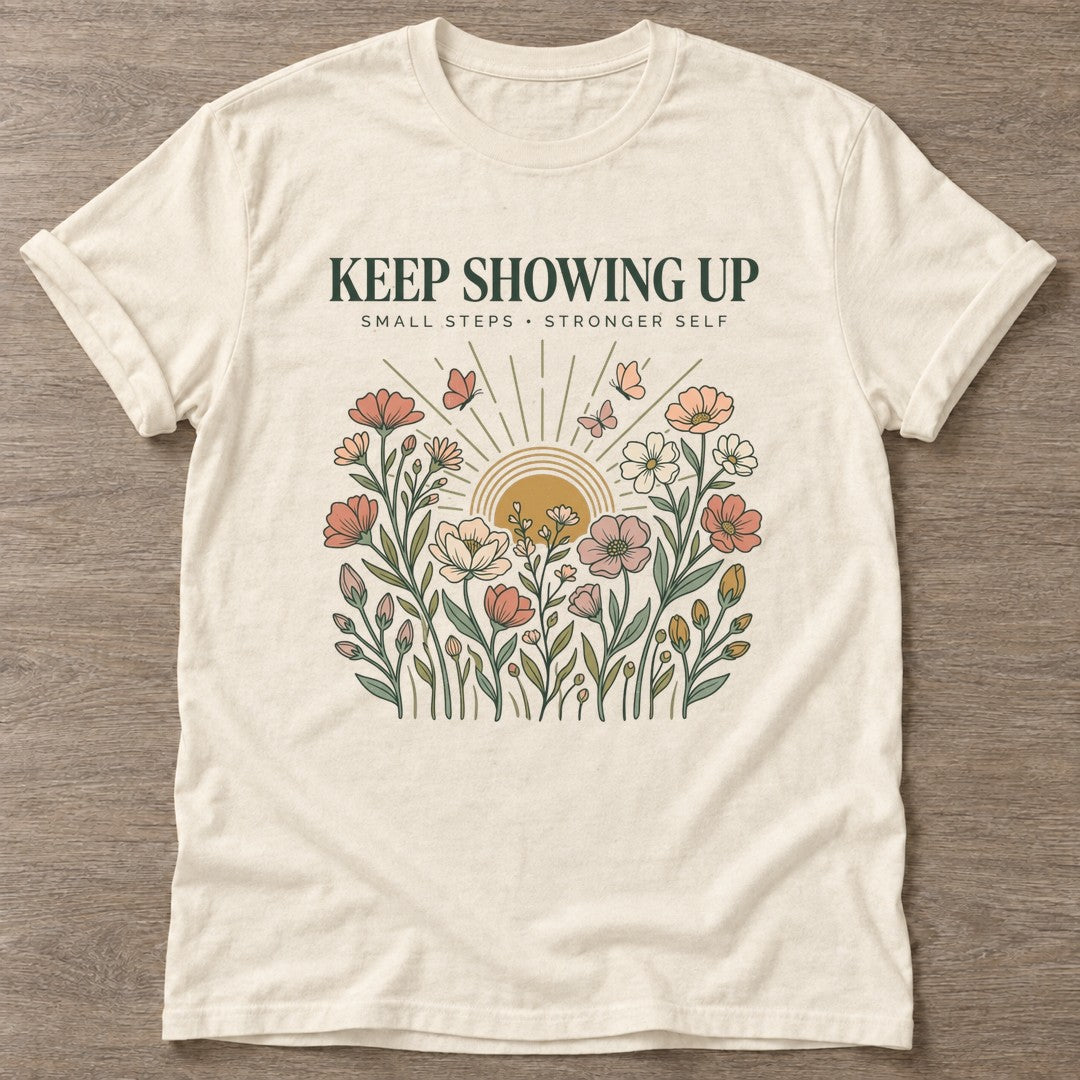 Natural Small Steps Strong T-shirt — motivational slogan design, for women who train