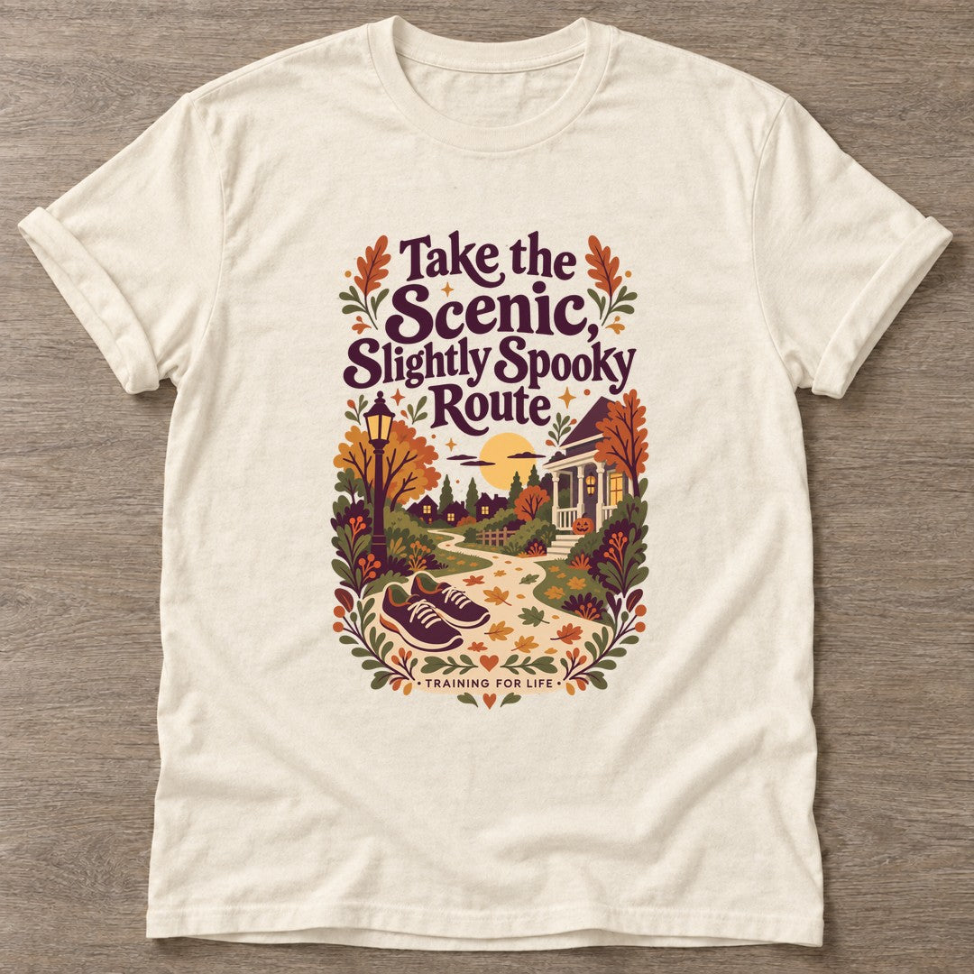 Natural Scenic Spooky Route T-shirt — walking club design, for women who walk