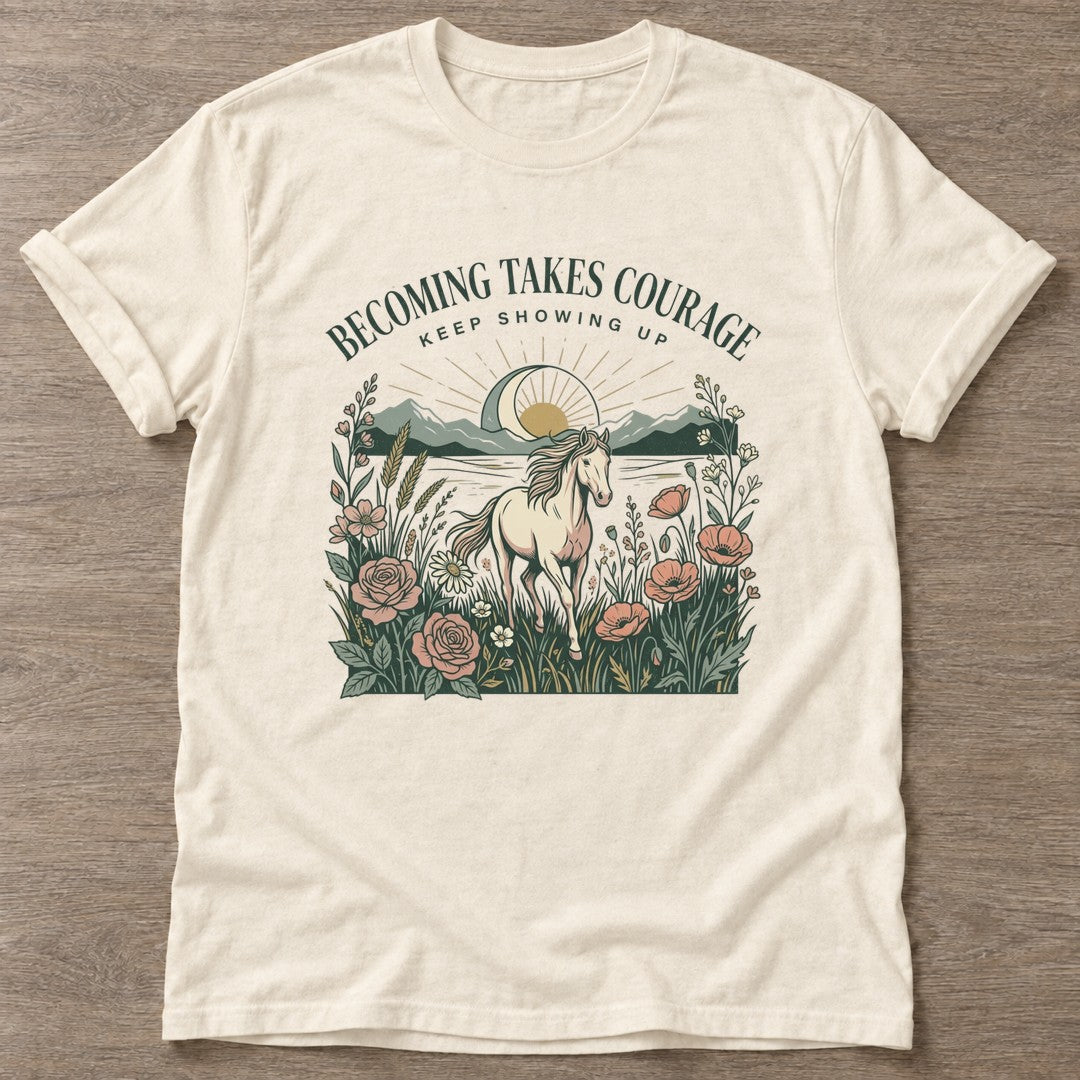 Natural Courage In Motion T-shirt — motivational slogan design, for women who train