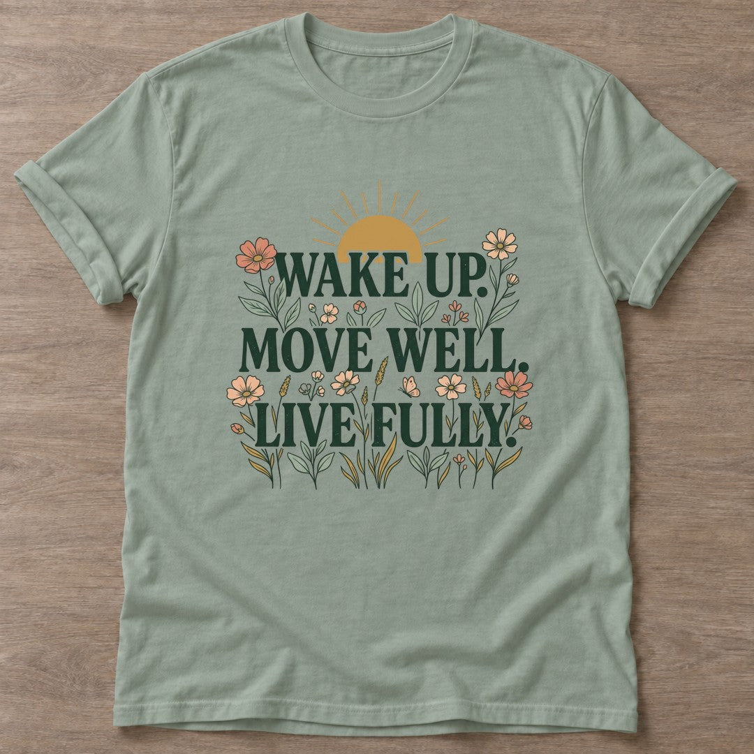 Sage Bloom Awake T-shirt — floral strength design, for women who train