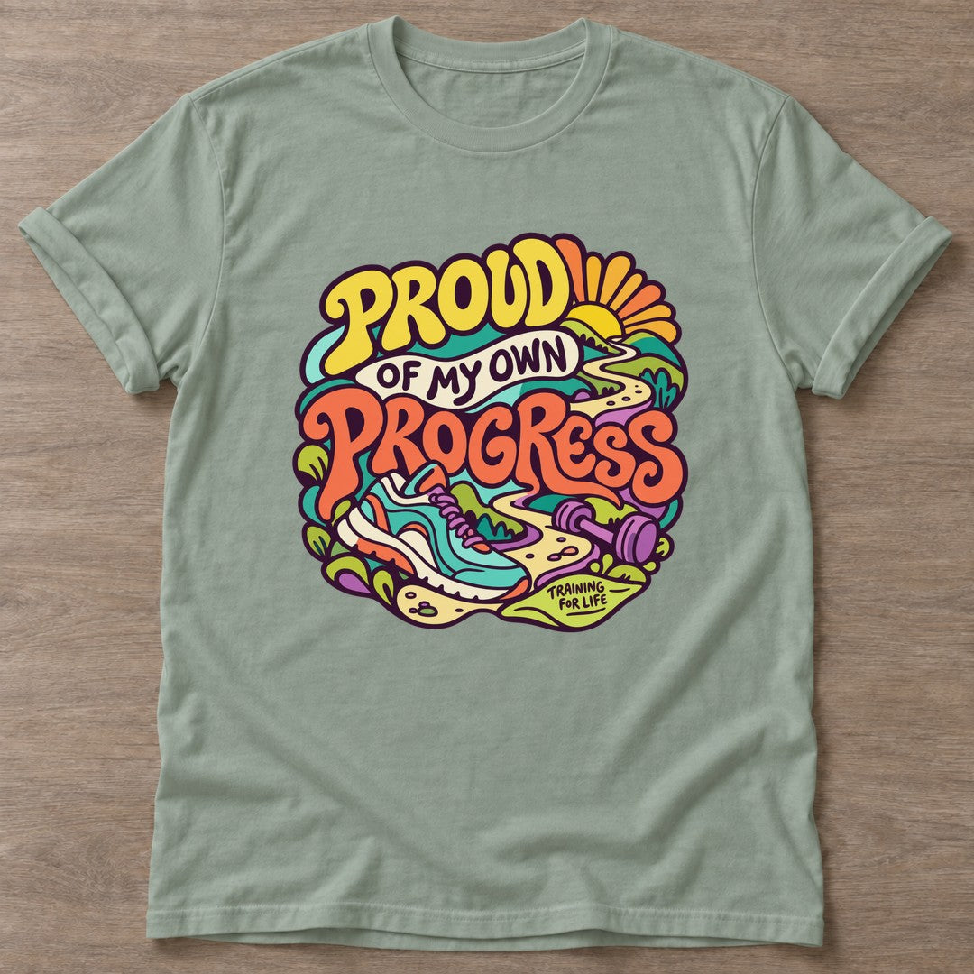 Sage Proud Progress T-shirt — growth mindset design, for women building a habit