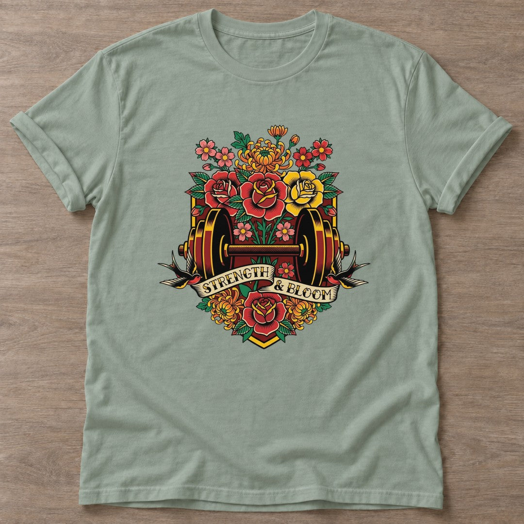 Sage Blossom Gains T-shirt — floral strength design, for women who train