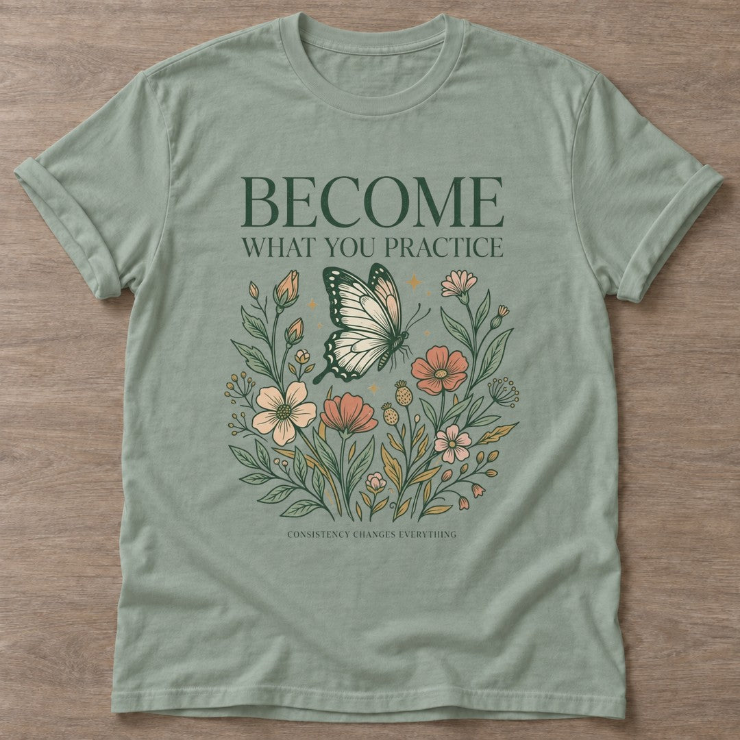 Sage Practice Blooms T-shirt — growth mindset design, for women building a habit