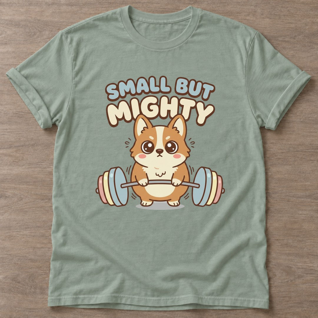 Sage Mighty Corgi T-shirt — funny gym slogan, for women who train and laugh about it