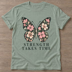 Sage Bloom Patience T-shirt — floral strength design, for women who train