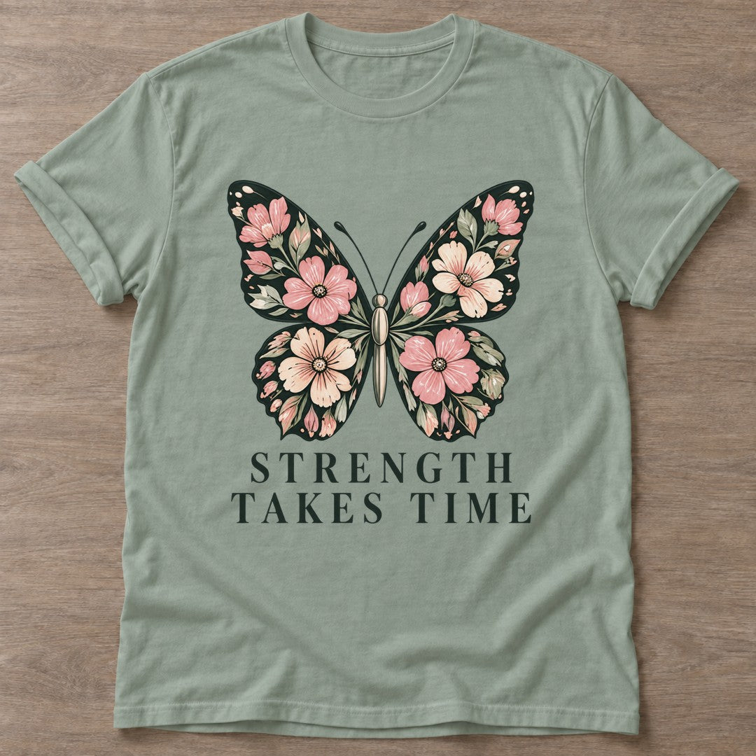 Sage Bloom Patience T-shirt — floral strength design, for women who train