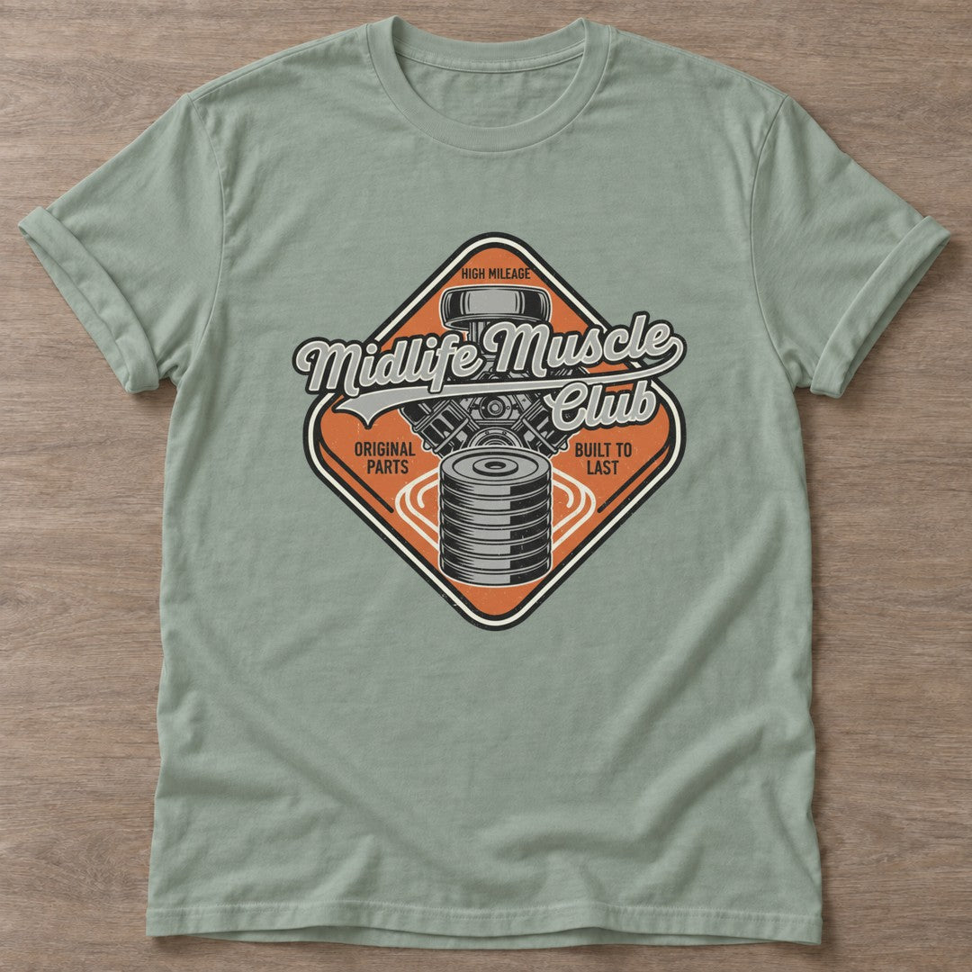 Sage High Mileage Garage T-shirt — longevity training design, for women over 40