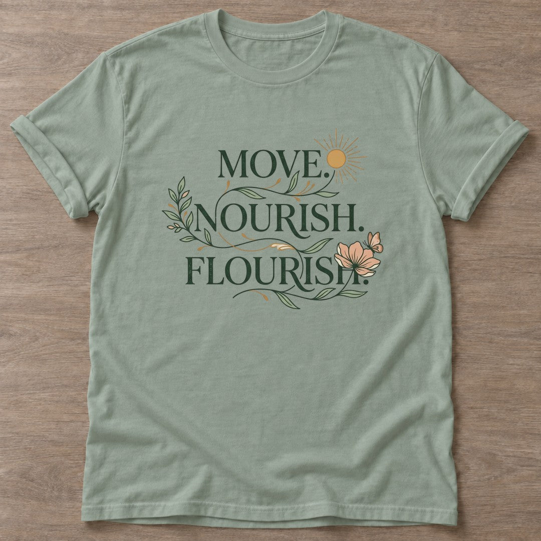 Sage Flourish Mantra T-shirt — growth mindset design, for women building a habit