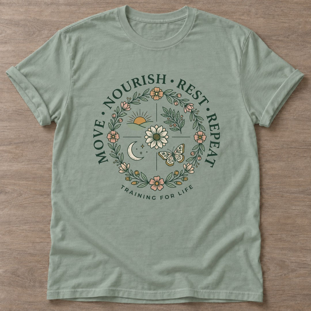 Sage Nourish Repeat T-shirt — rest and recovery design, for women who train