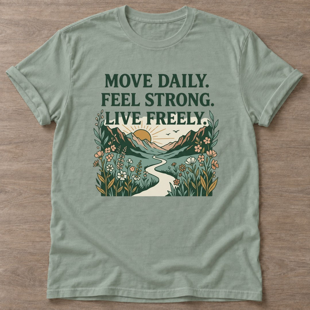 Sage Live Freely T-shirt — motivational slogan design, for women who train