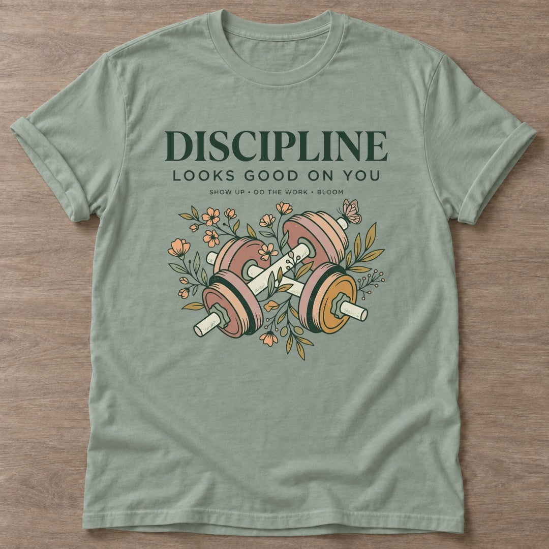Sage Show Up Bloom T-shirt — floral strength design, for women who train