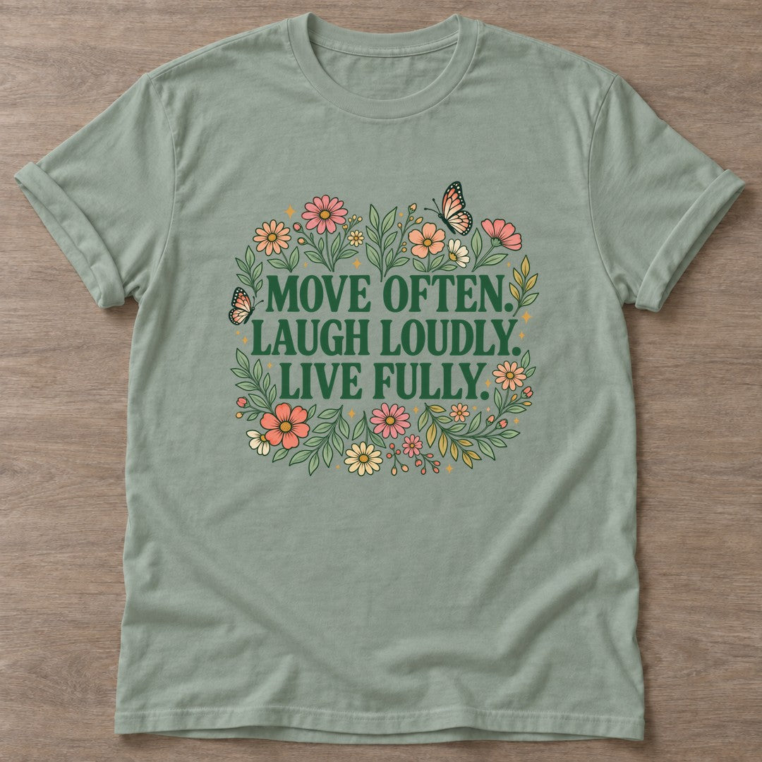 Sage Bloom In Motion T-shirt — floral strength design, for women who train