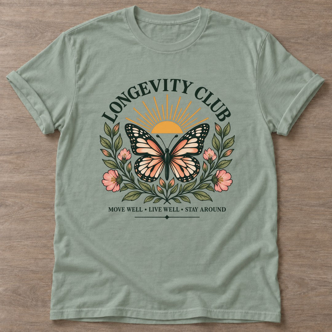 Sage Butterfly Longevity T-shirt — longevity training design, for women over 40