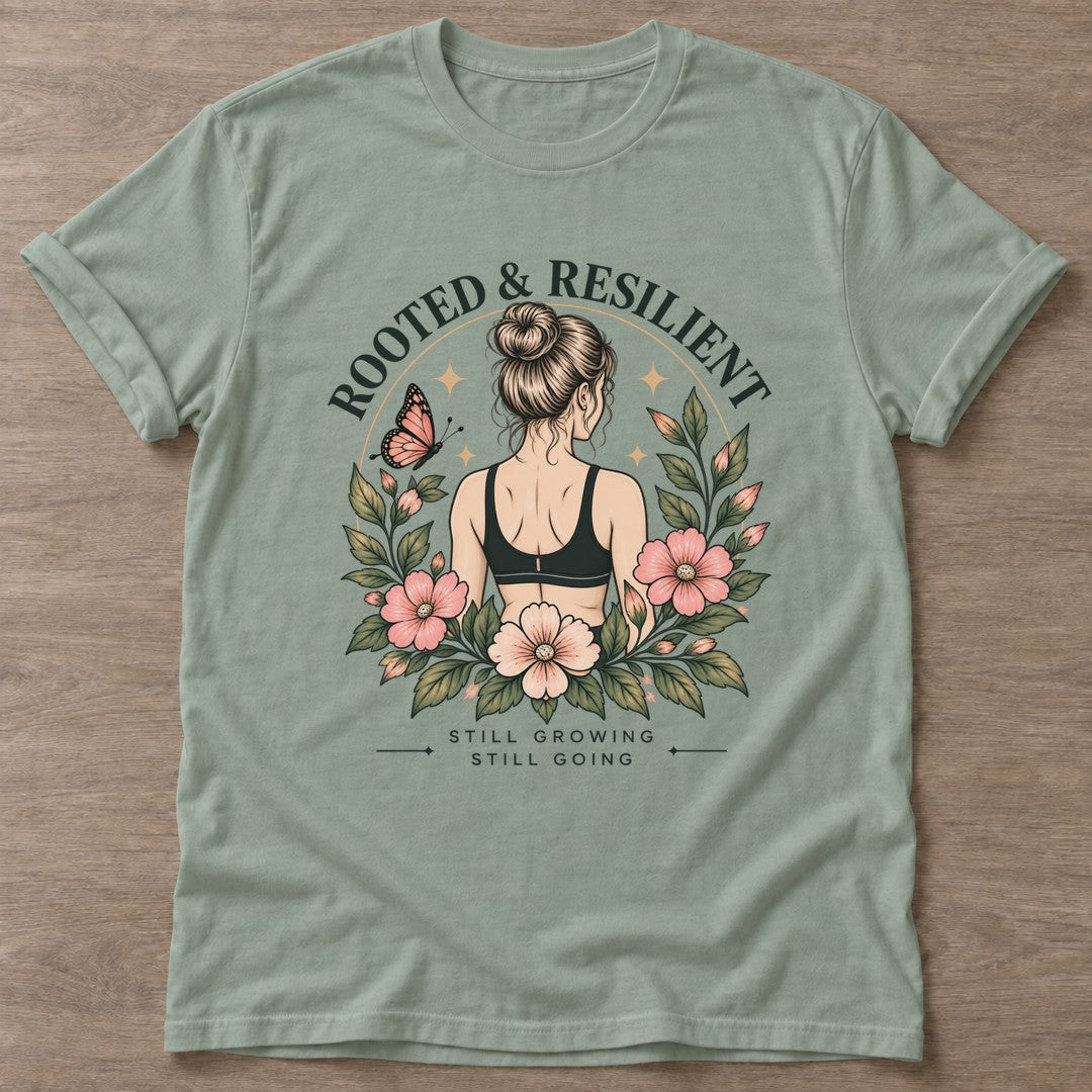 Sage Bloom Unshaken T-shirt — floral strength design, for women who train