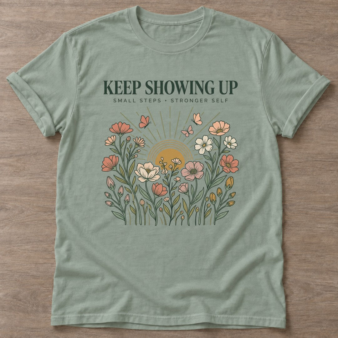 Sage Small Steps Strong T-shirt — motivational slogan design, for women who train
