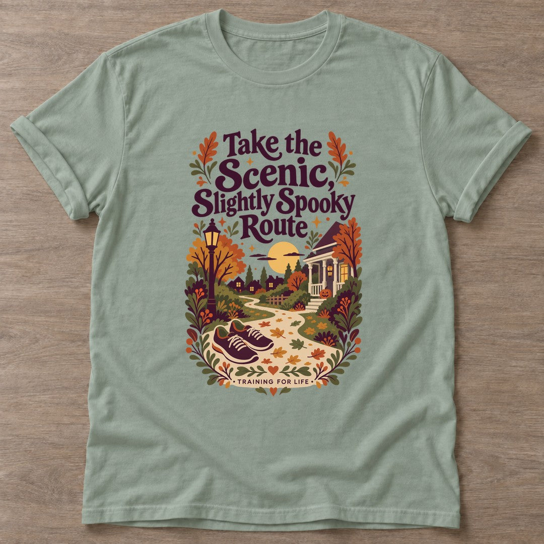 Sage Scenic Spooky Route T-shirt — walking club design, for women who walk