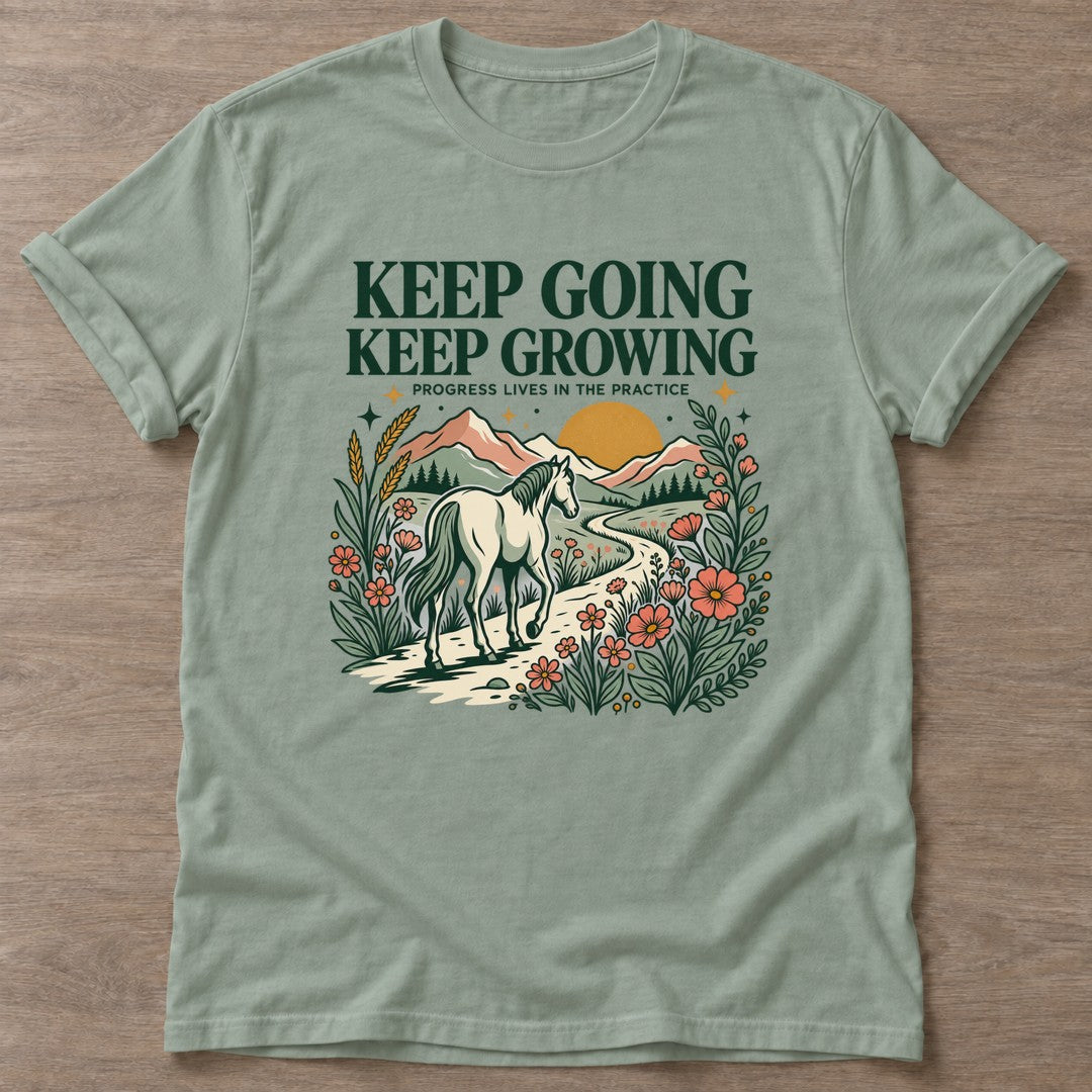 Sage Progress Practice T-shirt — growth mindset design, for women building a habit