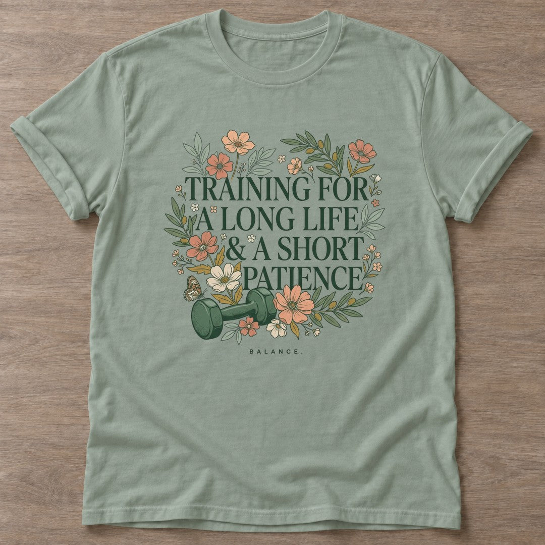 Sage Patience Over Perfection T-shirt — growth mindset design, for women building a habit