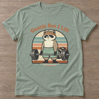 Sage Lifting Raccoon T-shirt — funny gym slogan, for women who train and laugh about it