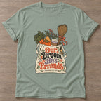 Sage Broomstick Vibes T-shirt — funny gym slogan, for women who train and laugh about it