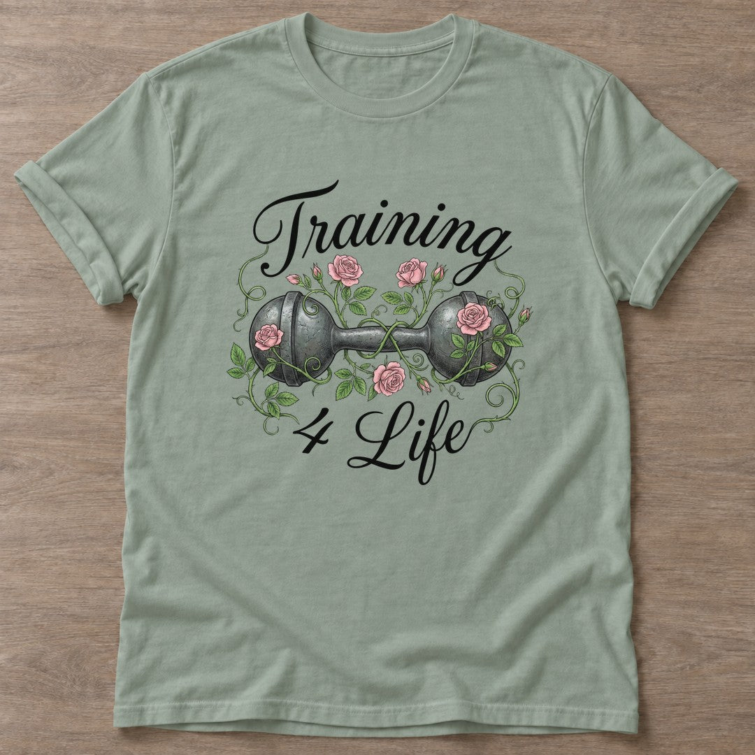 Sage Iron Rose T-shirt — floral strength design, for women who train