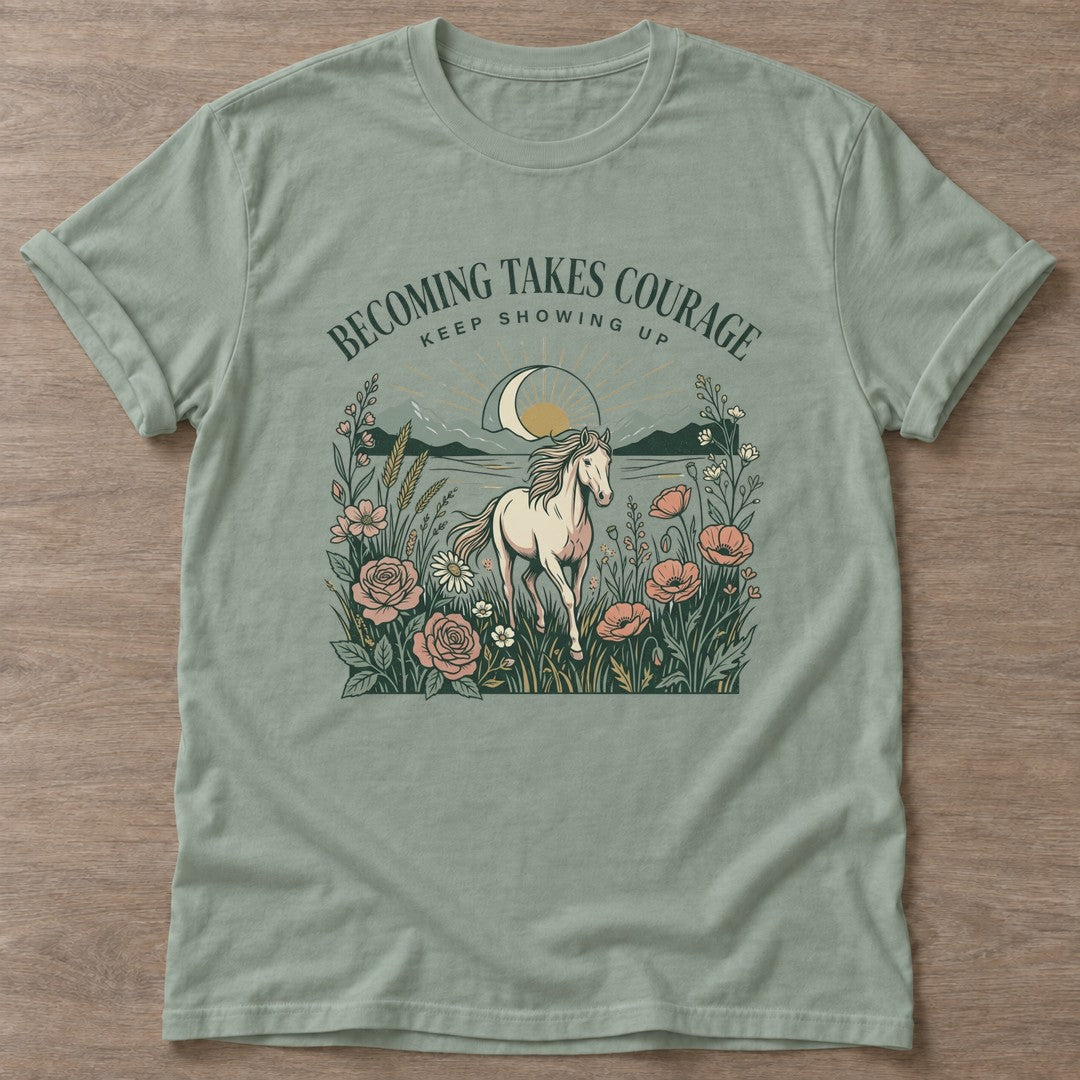 Sage Courage In Motion T-shirt — motivational slogan design, for women who train