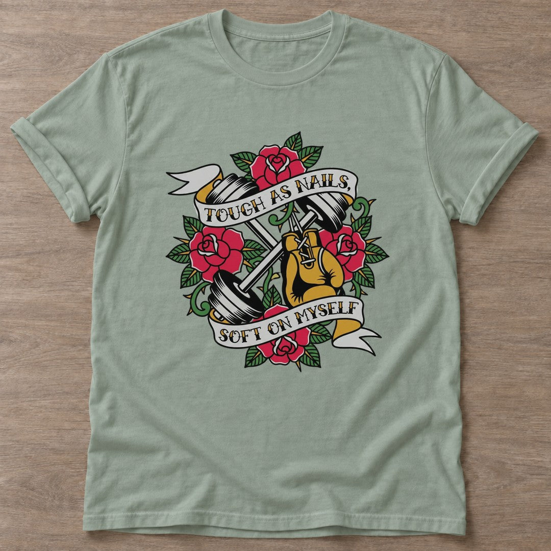 Sage Soft On Myself T-shirt — rest and recovery design, for women who train