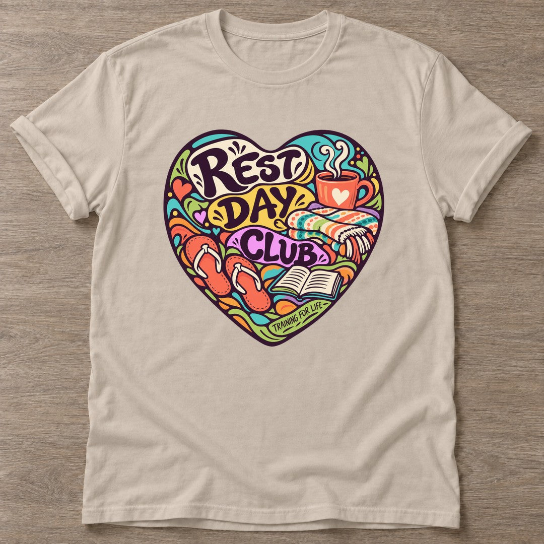 Sand Rest Day Club T-shirt — rest and recovery design, for women who train