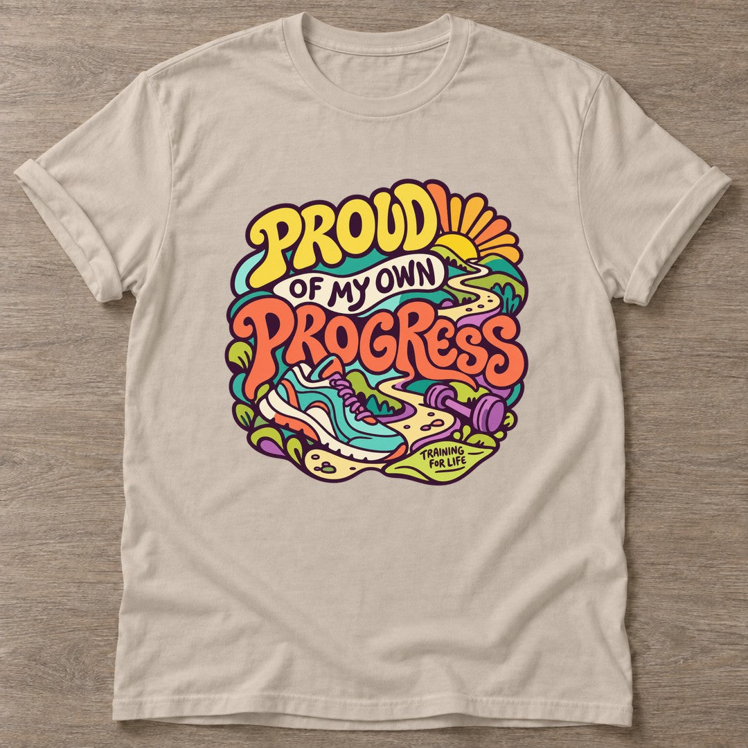 Sand Proud Progress T-shirt — growth mindset design, for women building a habit