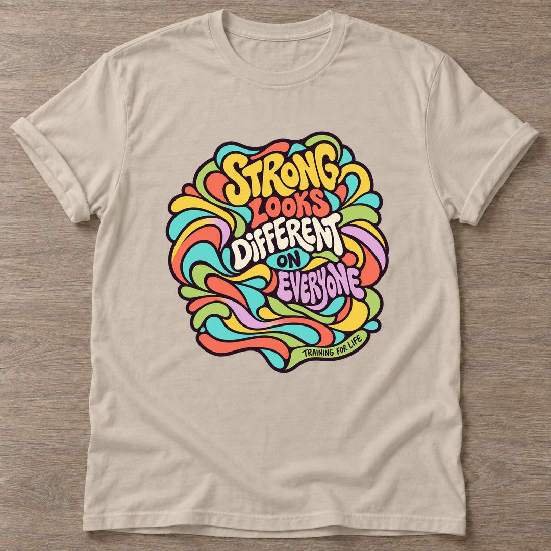 Sand Strong Looks Different T-shirt — body positive design, for every body in the gym