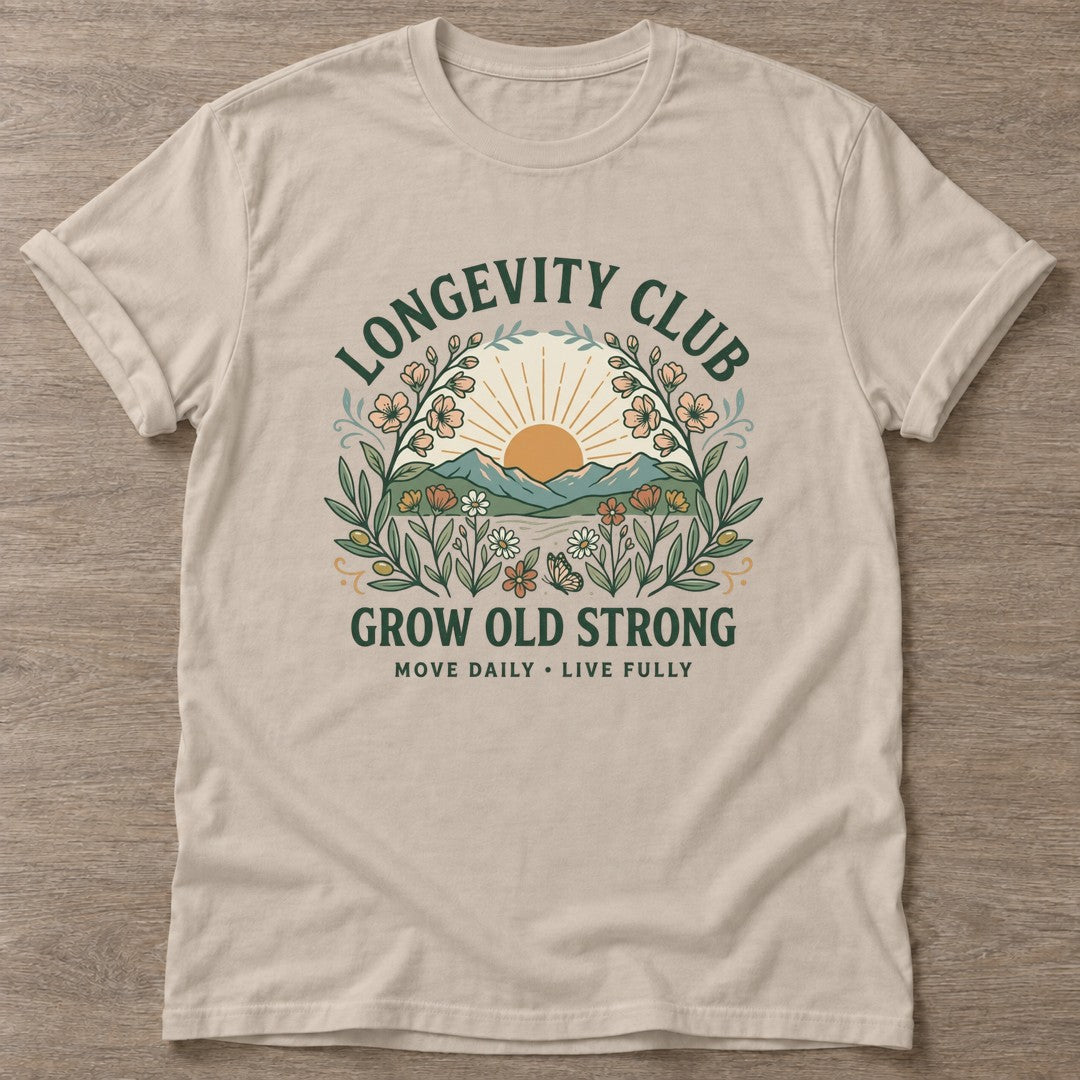 Sand Botanical Aging T-shirt — longevity training design, for women over 40