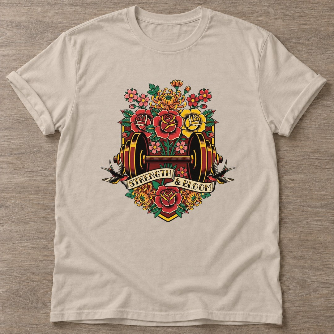 Sand Blossom Gains T-shirt — floral strength design, for women who train