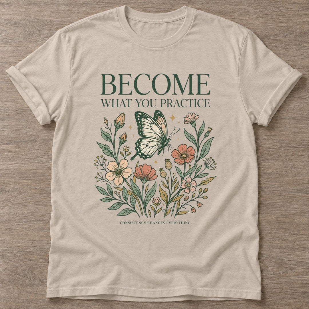 Sand Practice Blooms T-shirt — growth mindset design, for women building a habit