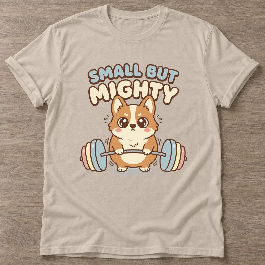 Sand Mighty Corgi T-shirt — funny gym slogan, for women who train and laugh about it