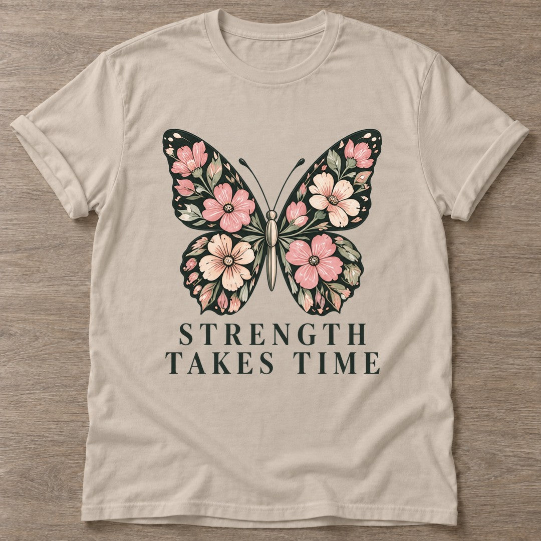 Sand Bloom Patience T-shirt — floral strength design, for women who train