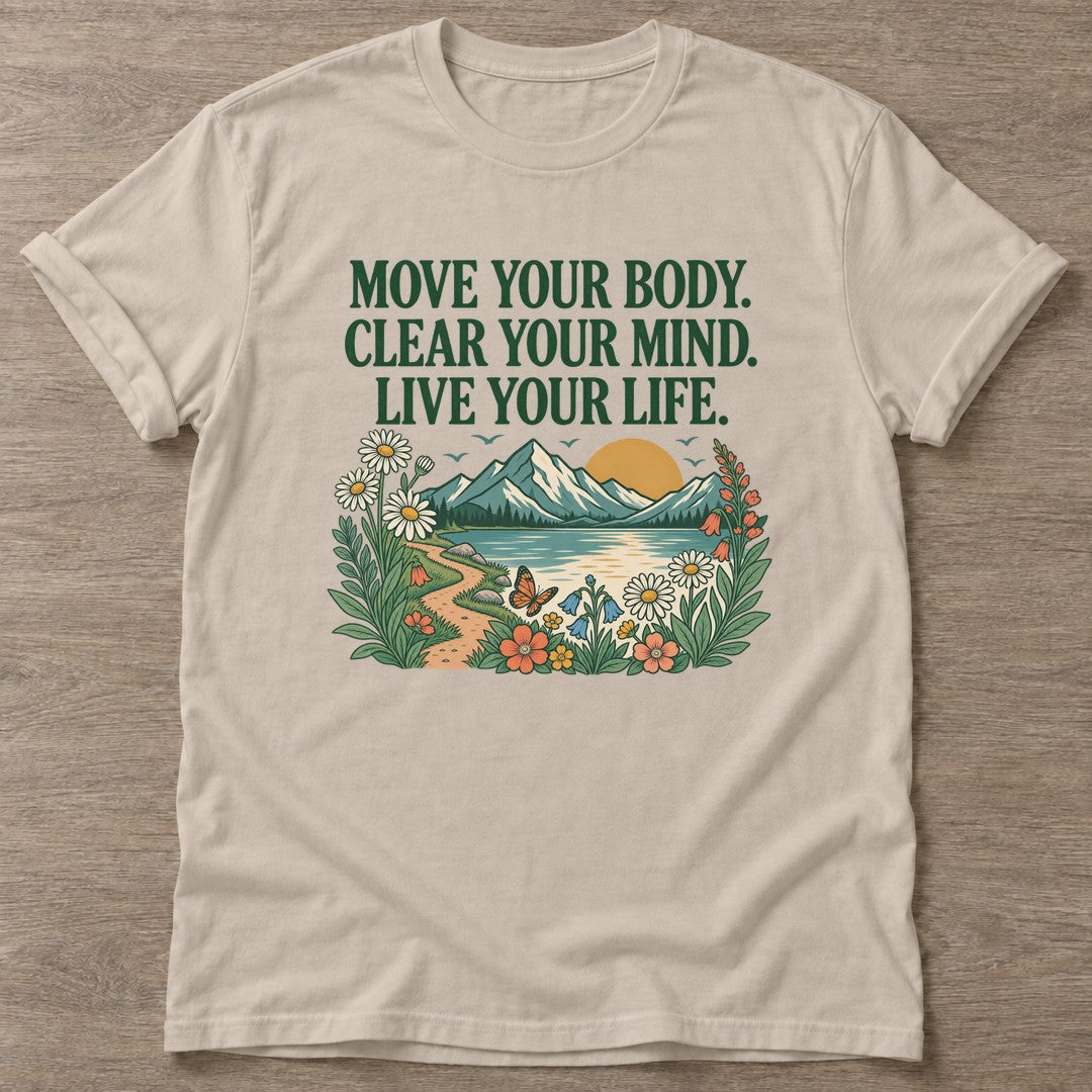 Sand Motion Brings Clarity T-shirt — everyday workout design, for women who move