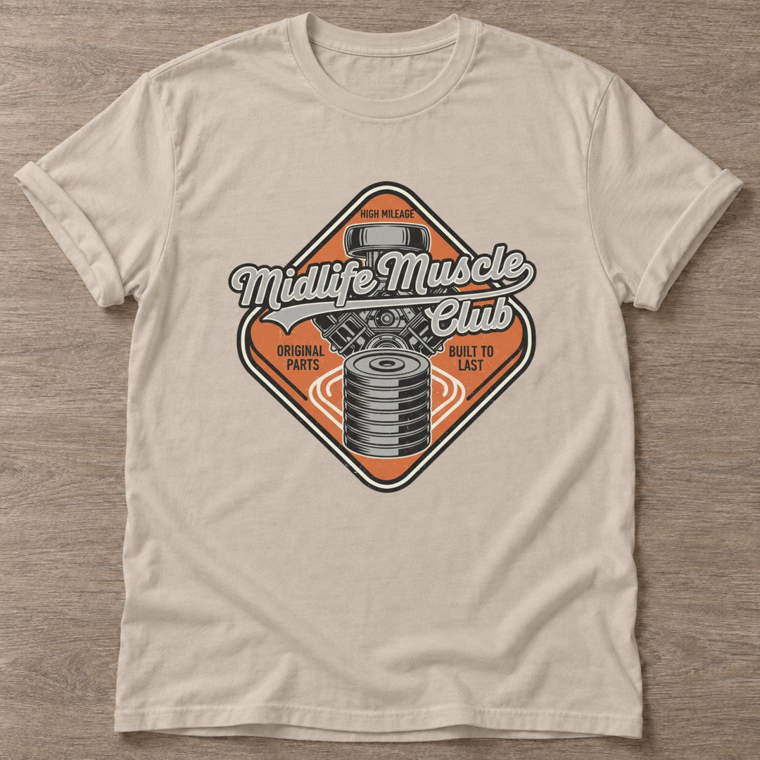 Sand High Mileage Garage T-shirt — longevity training design, for women over 40