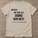 Sand Realistic Standards T-shirt — funny gym slogan, for women who train and laugh about it