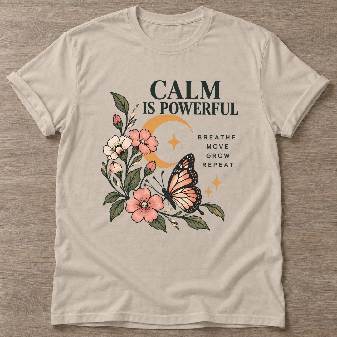 Sand Mindful Bloom T-shirt — floral strength design, for women who train