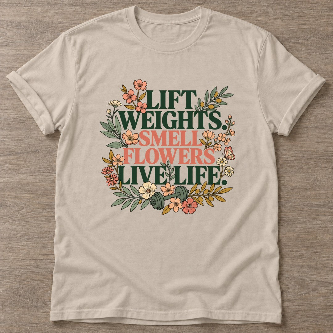 Sand Flower Gains T-shirt — floral strength design, for women who train