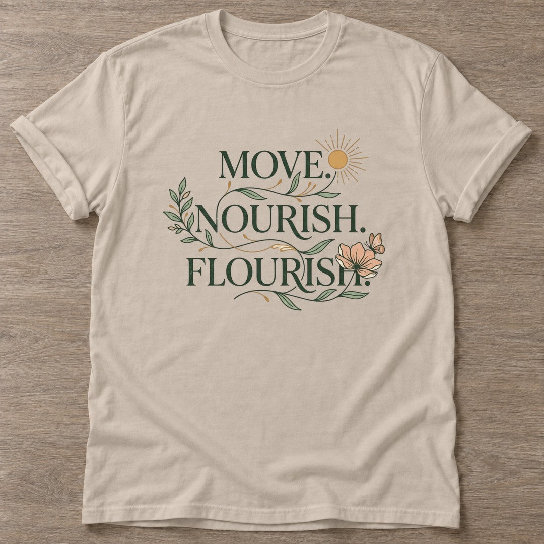 Sand Flourish Mantra T-shirt — growth mindset design, for women building a habit