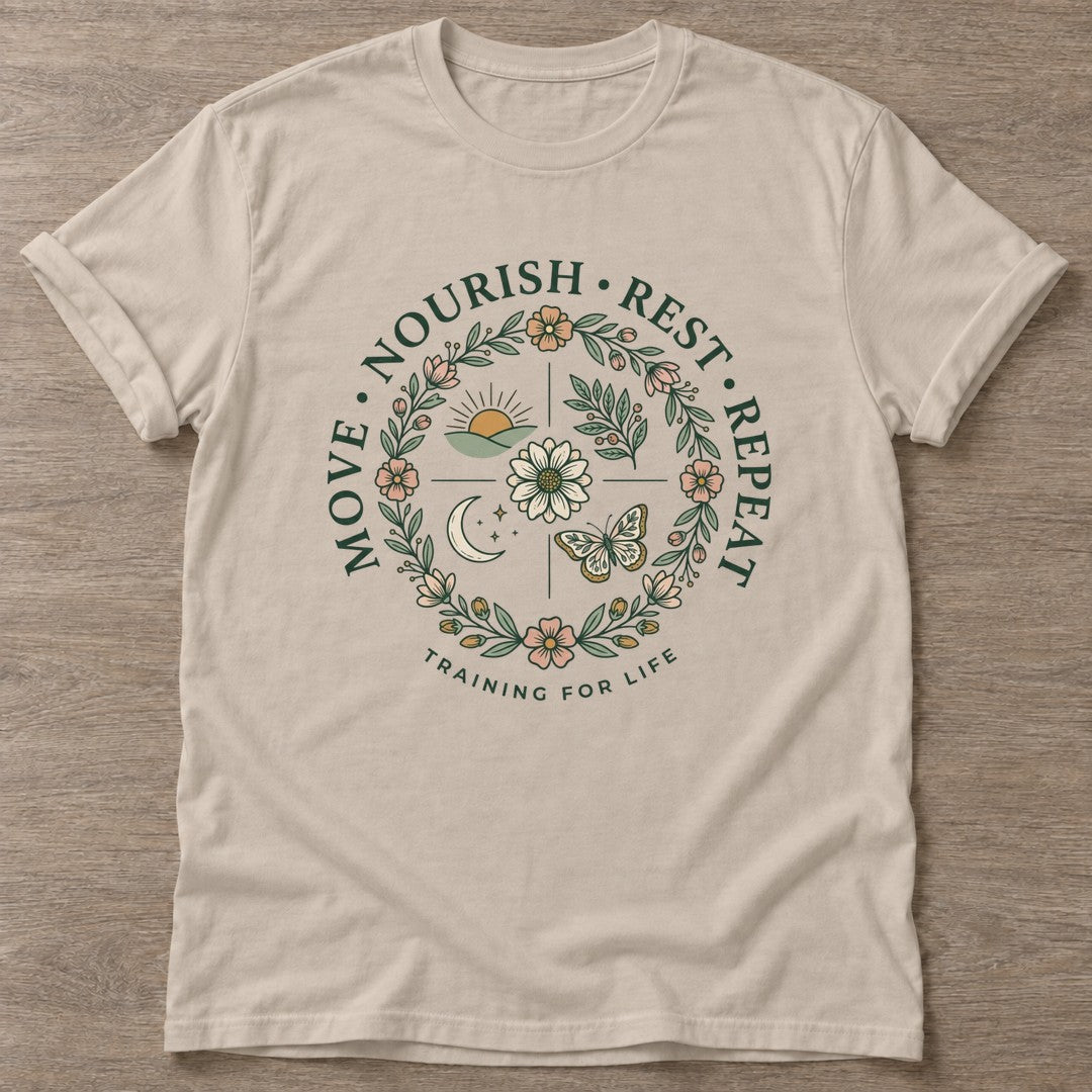 Sand Nourish Repeat T-shirt — rest and recovery design, for women who train