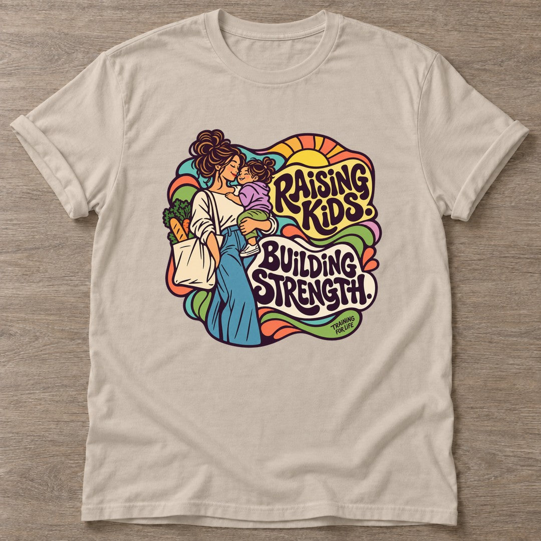 Sand Strength Through Motherhood T-shirt — motivational slogan design, for women who train