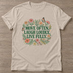 Sand Bloom In Motion T-shirt — floral strength design, for women who train