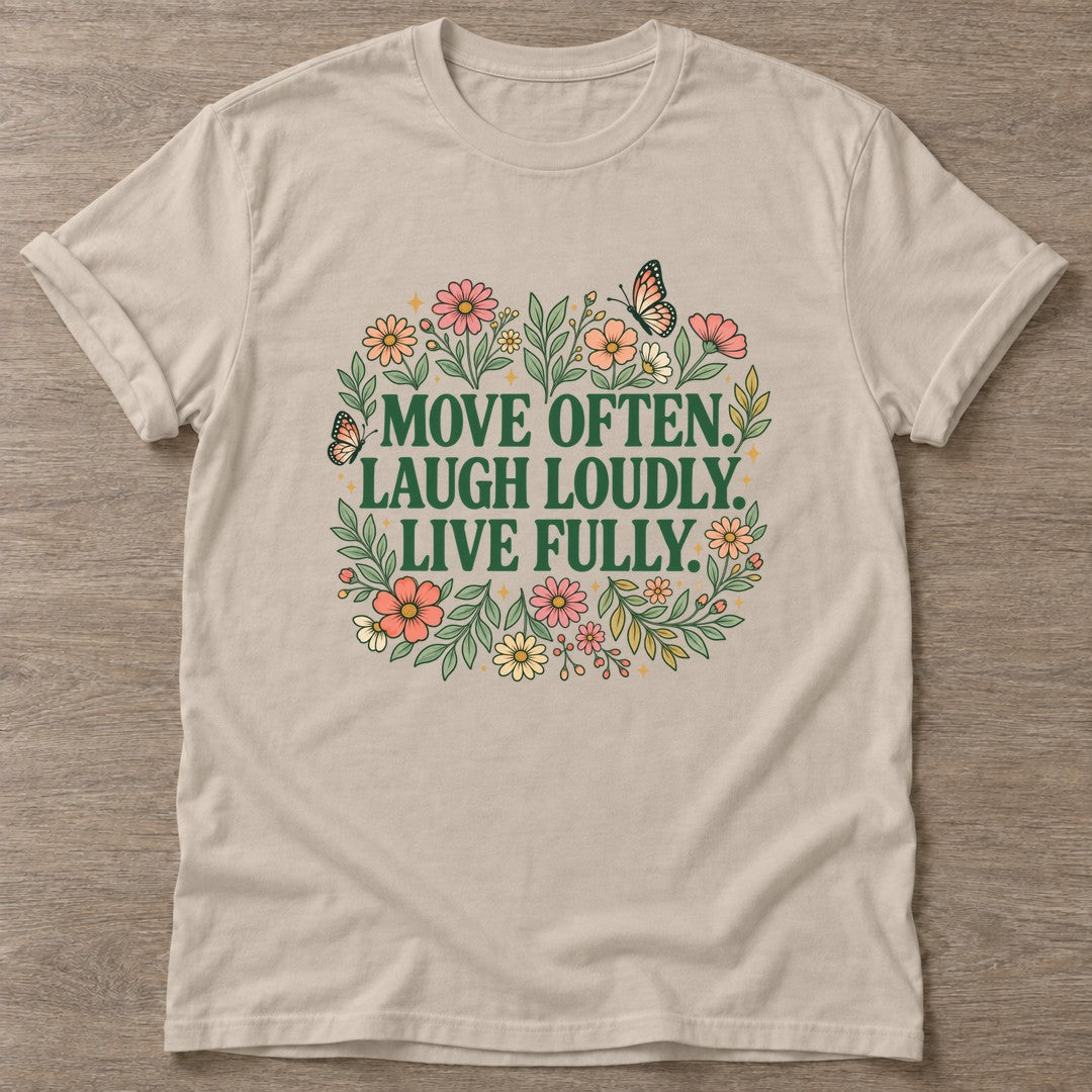 Sand Bloom In Motion T-shirt — floral strength design, for women who train