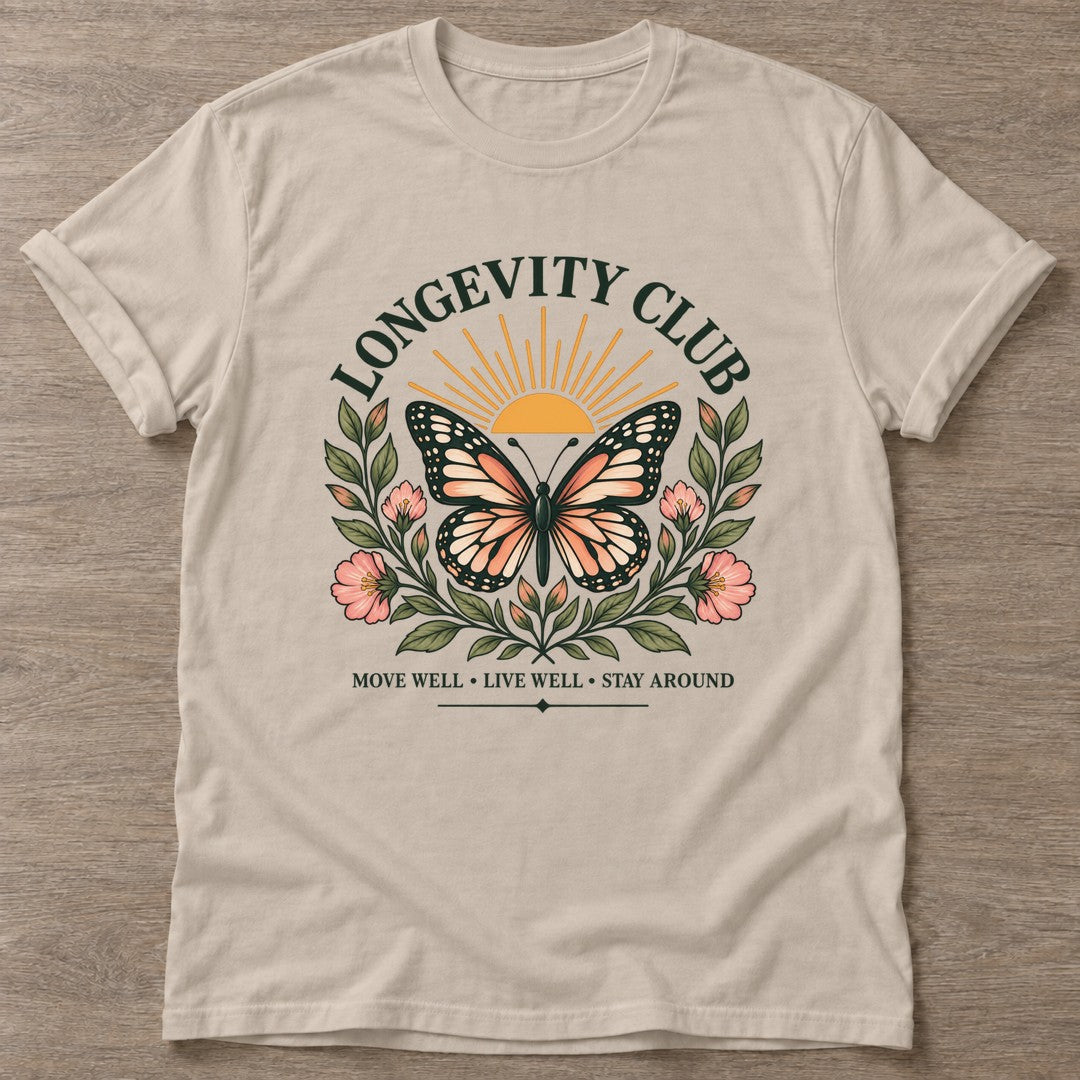 Sand Butterfly Longevity T-shirt — longevity training design, for women over 40